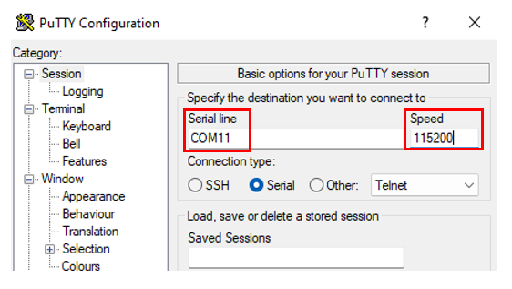 PuTTY Konfiguration: Serial line COM11, Speed 115200