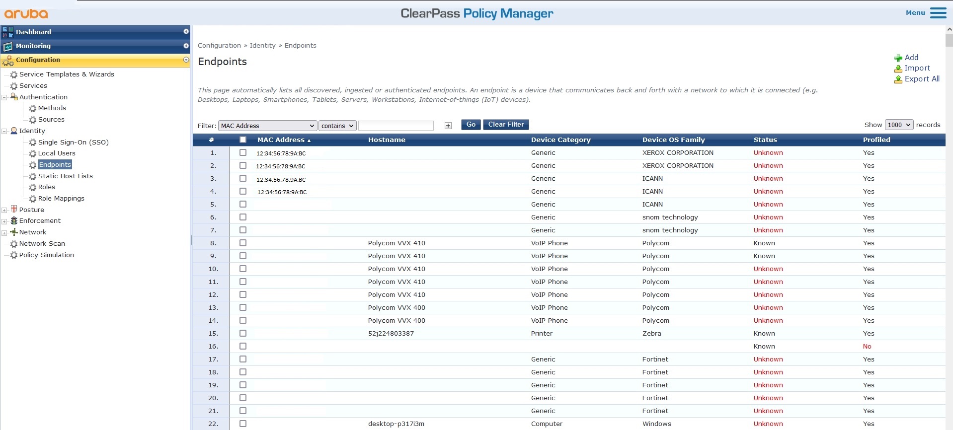 ClearPass Endpoints Datenbank